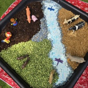 A black mat with a collection of small plastic farm animals and materials emulating the topography of a farm.